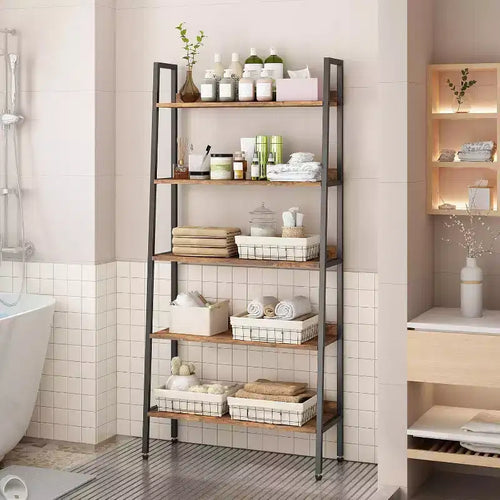 5 Tier Bookshelf, Narrow Home Office Book Shelf Display Rack, Rustic Brown Storage Organizer