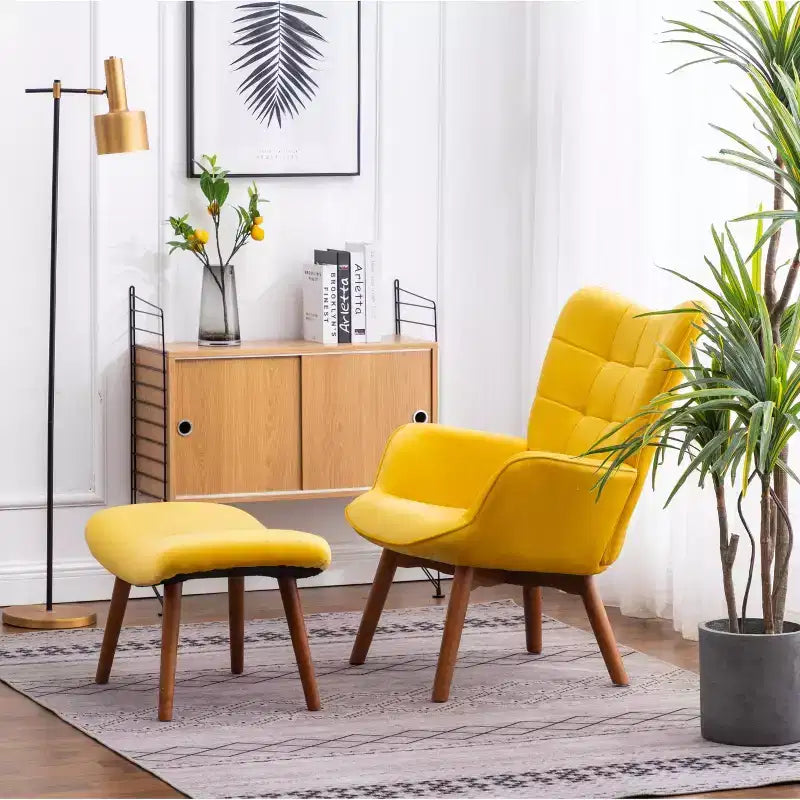 Fauteuil d'appoint capitonné contemporain en velours soyeux avec ottoman, jaune