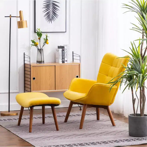 Fauteuil d'appoint capitonné contemporain en velours soyeux avec ottoman, jaune