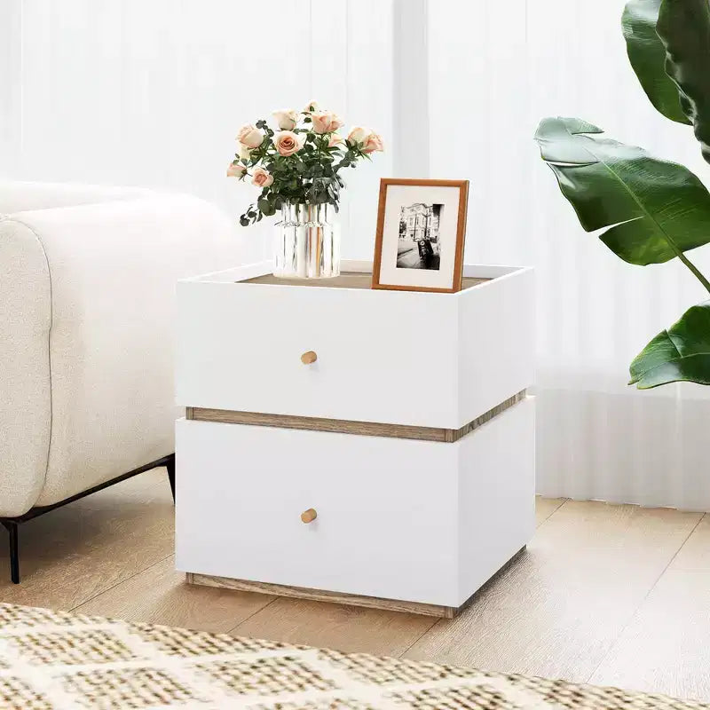 Table de Chevet Moderne à 2 Tiroirs avec Rangement et Rebord Relevé