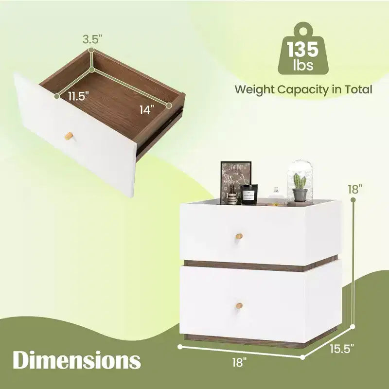 Table de Chevet Moderne à 2 Tiroirs avec Rangement et Rebord Relevé
