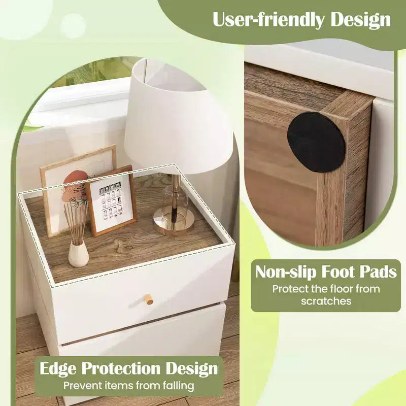 Table de Chevet Moderne à 2 Tiroirs avec Rangement et Rebord Relevé
