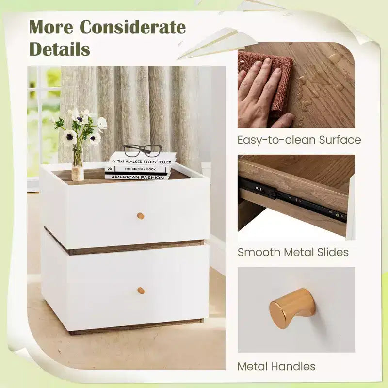 Table de Chevet Moderne à 2 Tiroirs avec Rangement et Rebord Relevé