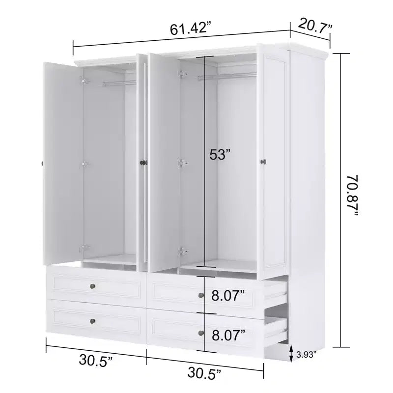Armoire en bois blanc avec 4 tiroirs et 2 étagères