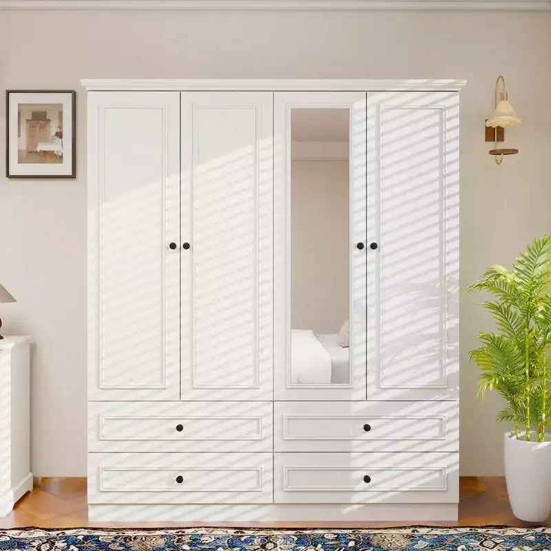 Armoire en bois blanc avec 4 tiroirs et 2 étagères