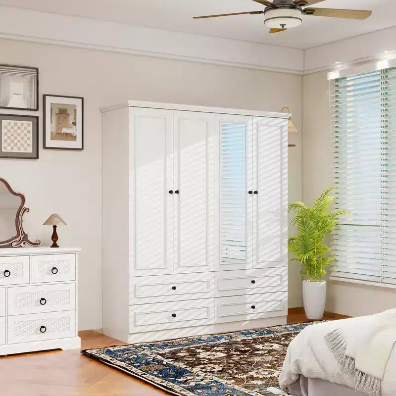 Armoire en bois blanc avec 4 tiroirs et 2 étagères
