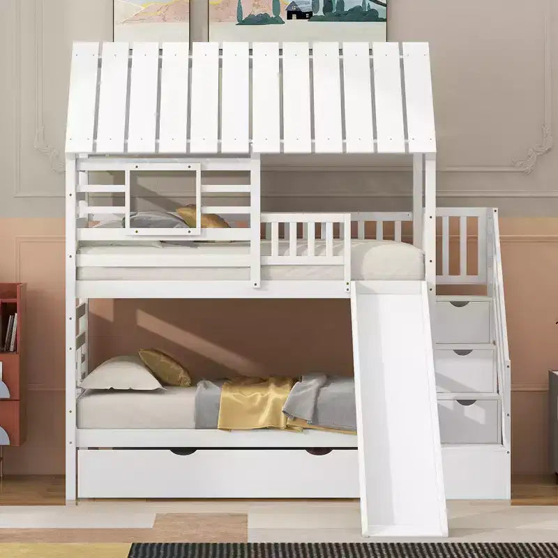 Lit superposé maison jumeau sur jumeau avec lit gigogne, toboggan et escalier de rangement