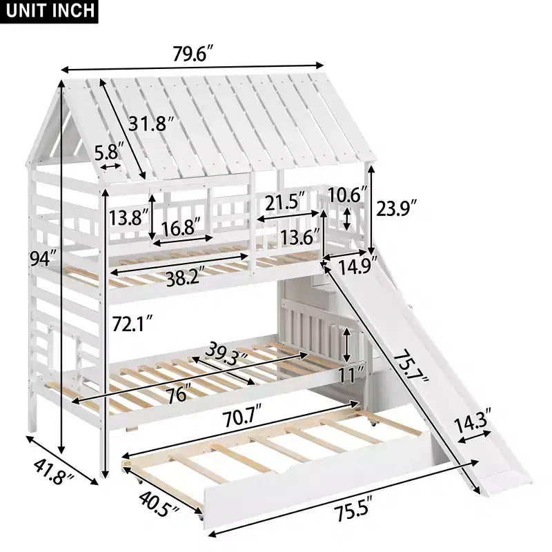Lit superposé maison jumeau sur jumeau avec lit gigogne, toboggan et escalier de rangement