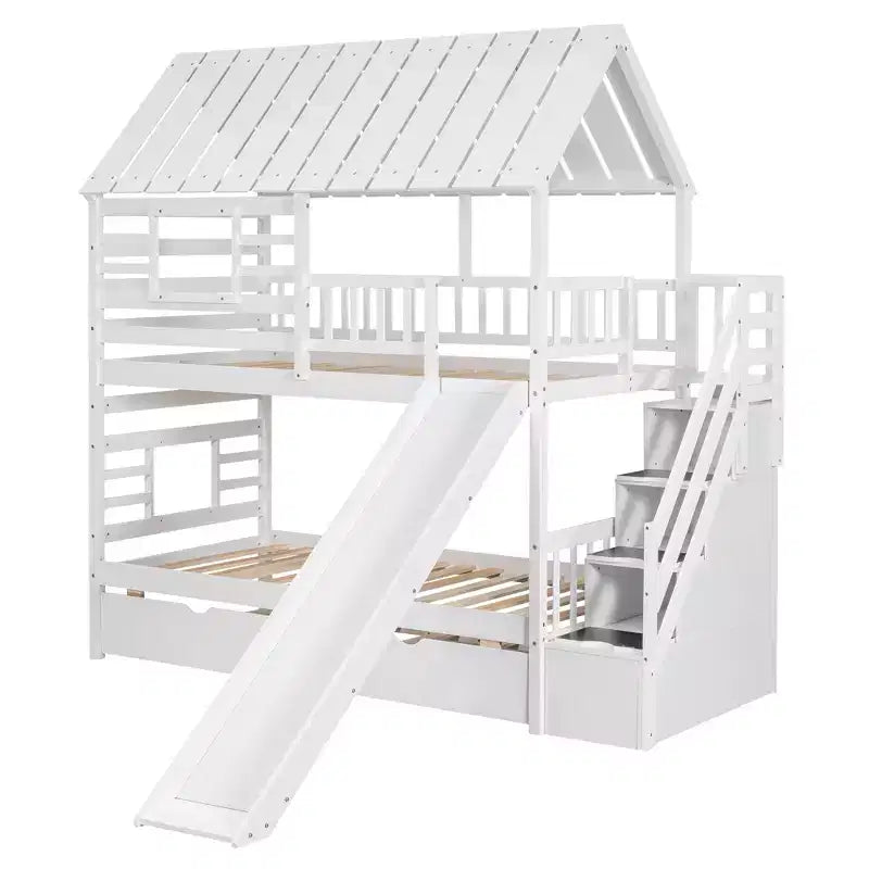 Lit superposé maison jumeau sur jumeau avec lit gigogne, toboggan et escalier de rangement