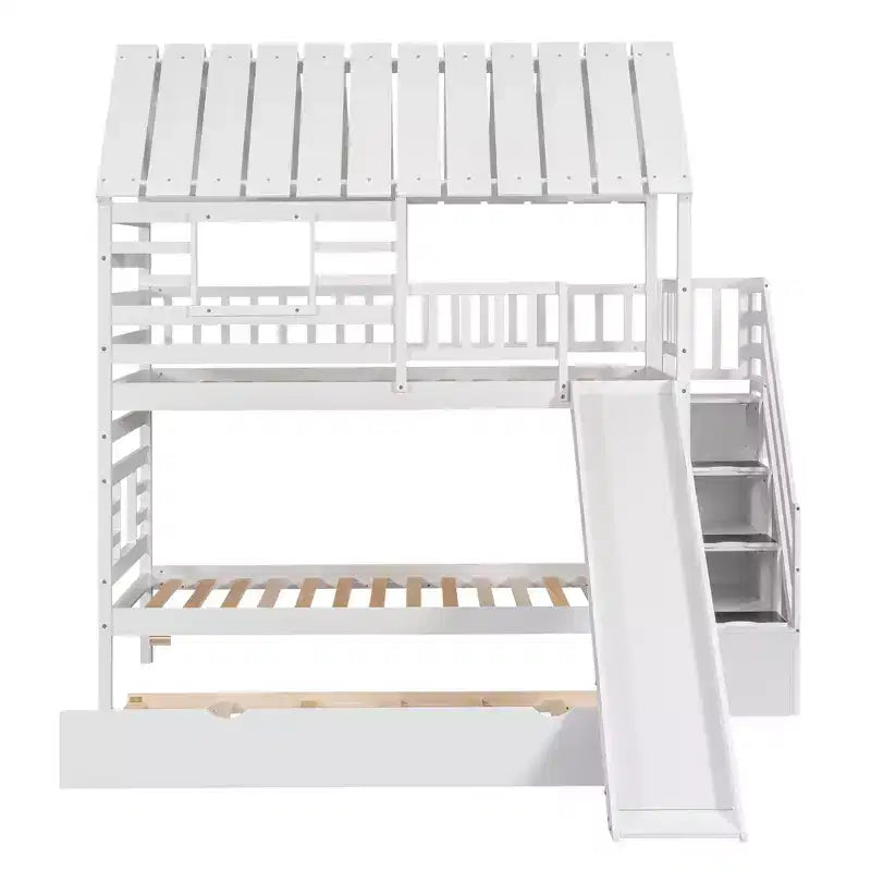 Lit superposé maison jumeau sur jumeau avec lit gigogne, toboggan et escalier de rangement
