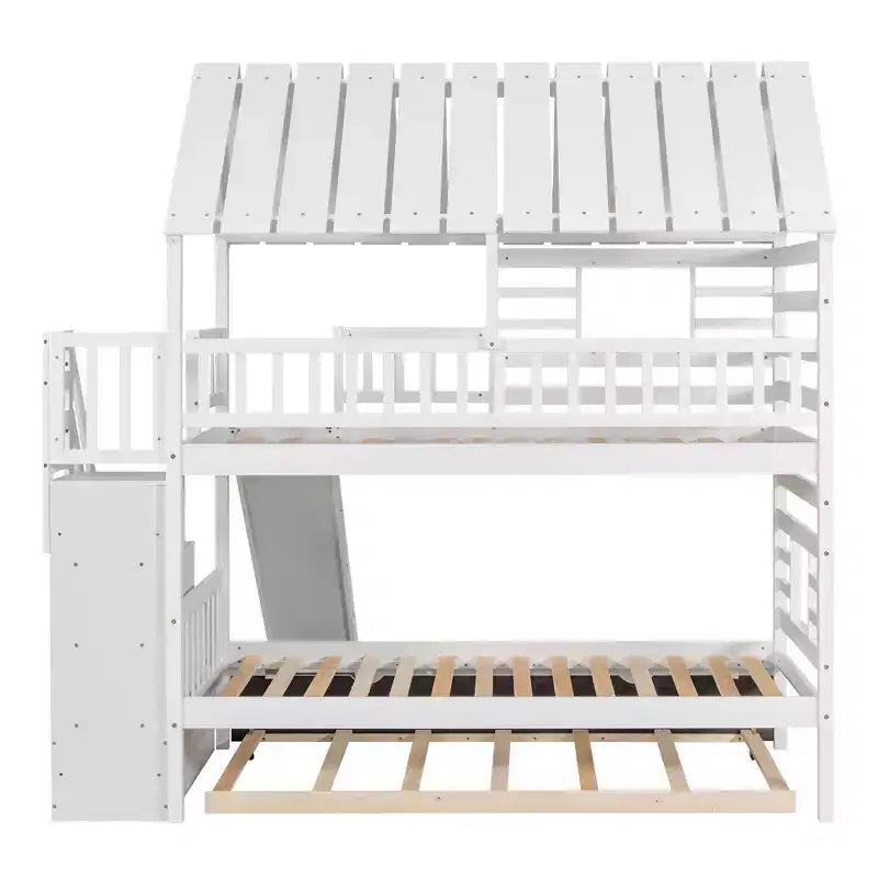 Lit superposé maison jumeau sur jumeau avec lit gigogne, toboggan et escalier de rangement