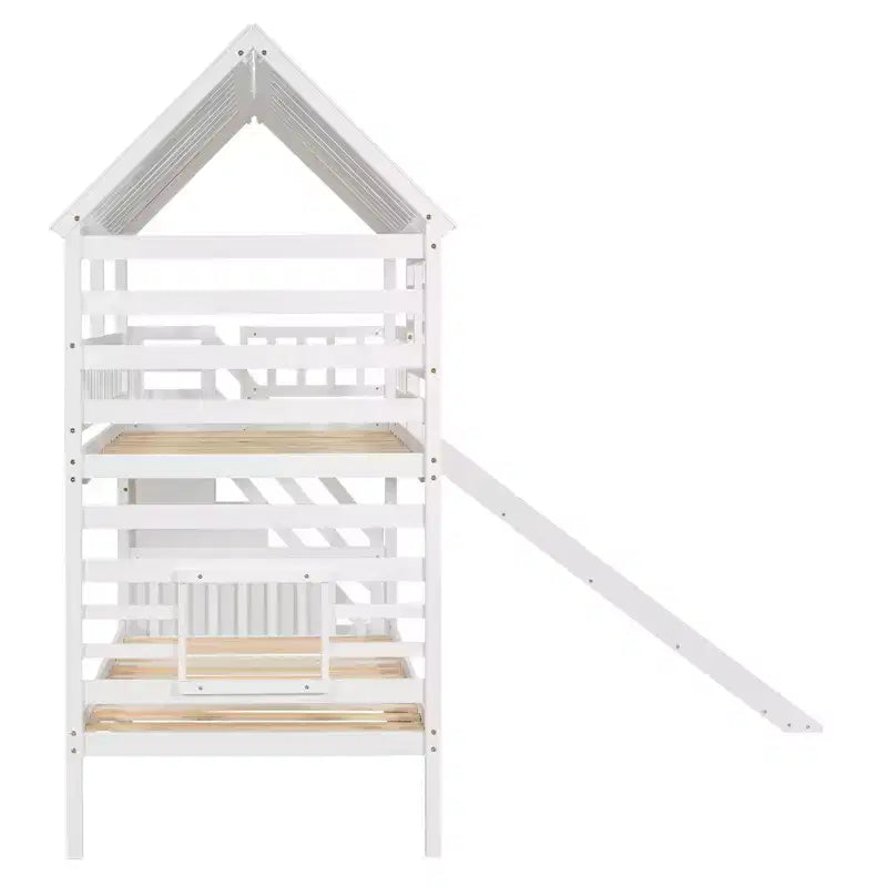 Lit superposé maison jumeau sur jumeau avec lit gigogne, toboggan et escalier de rangement
