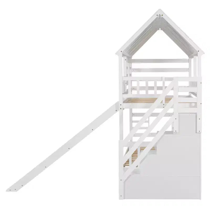 Lit superposé maison jumeau sur jumeau avec lit gigogne, toboggan et escalier de rangement