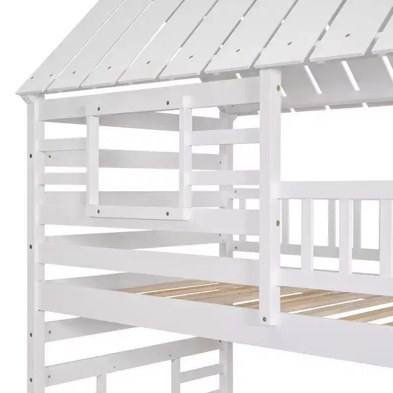 Lit superposé maison jumeau sur jumeau avec lit gigogne, toboggan et escalier de rangement
