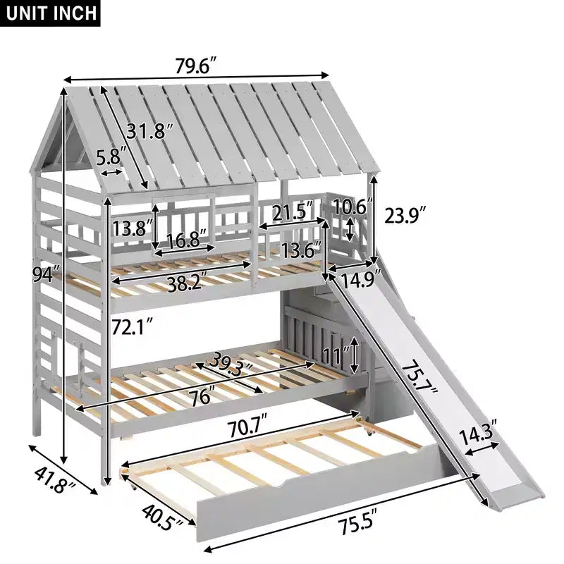 Lit superposé maison jumeau sur jumeau avec lit gigogne, toboggan et escalier de rangement