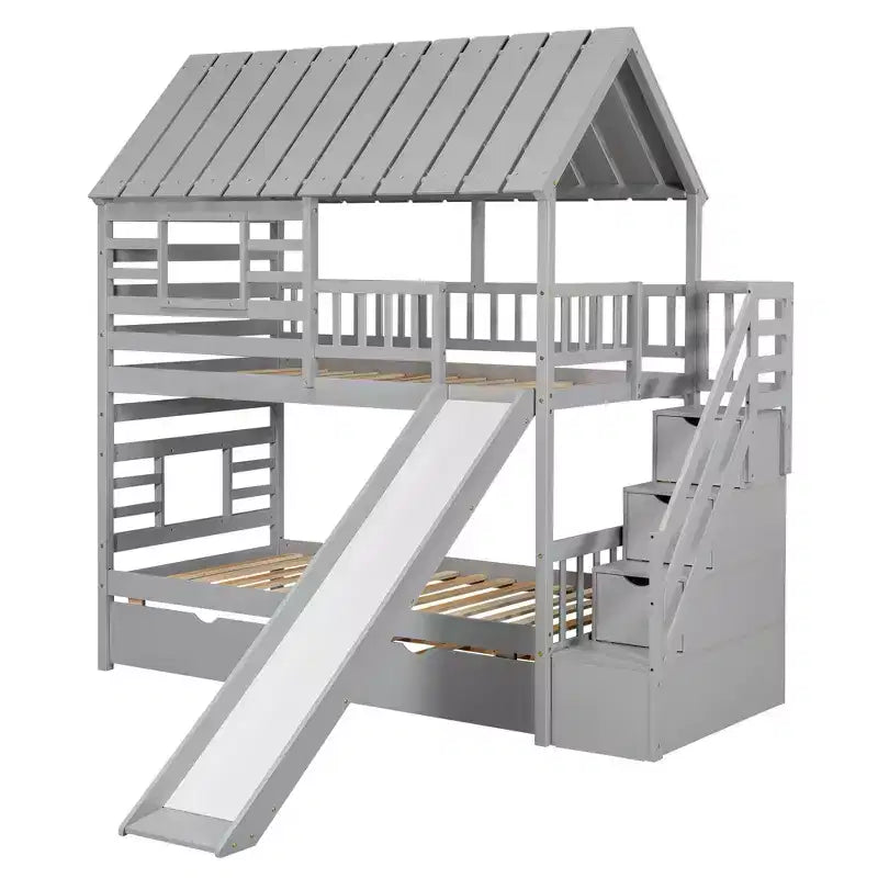 Lit superposé maison jumeau sur jumeau avec lit gigogne, toboggan et escalier de rangement