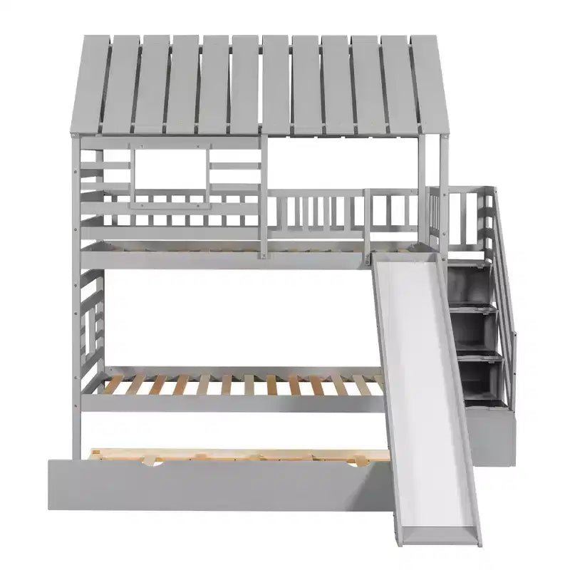 Lit superposé maison jumeau sur jumeau avec lit gigogne, toboggan et escalier de rangement