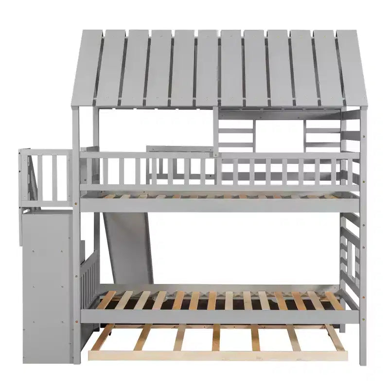 Lit superposé maison jumeau sur jumeau avec lit gigogne, toboggan et escalier de rangement