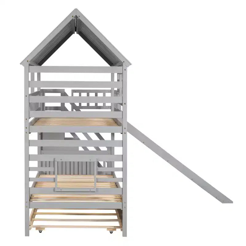Lit superposé maison jumeau sur jumeau avec lit gigogne, toboggan et escalier de rangement
