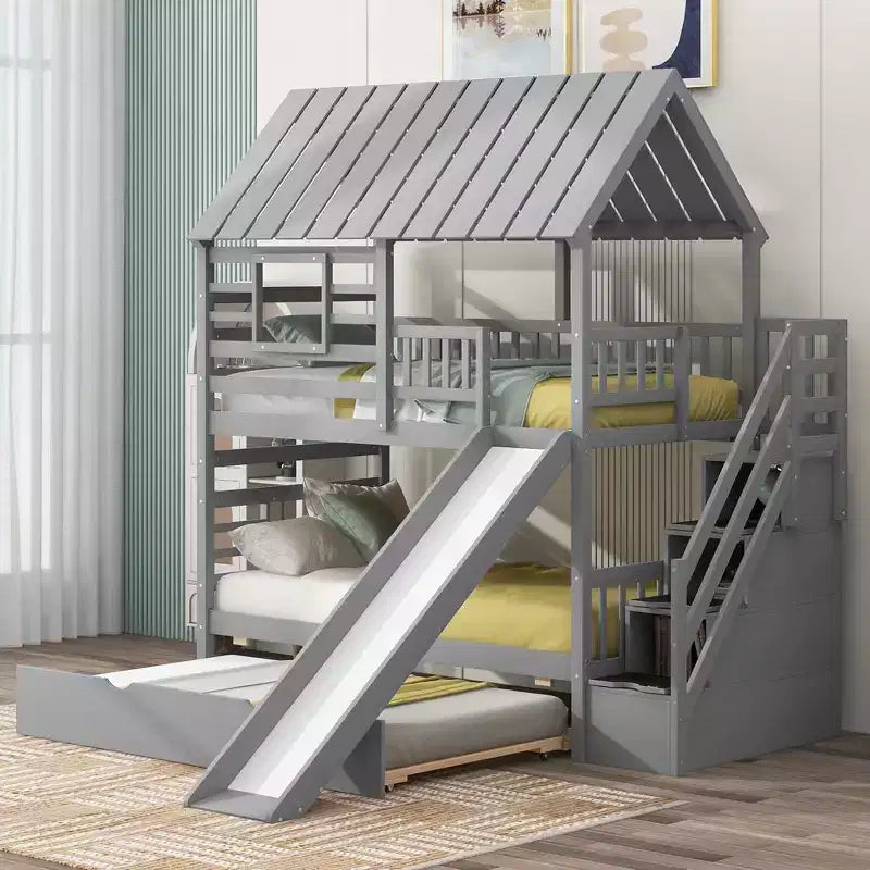 Twin over Twin House Bunk Bed with Trundle, Slide, Storage Staircase, Roof and Window Design - ModernLuxe