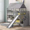 Twin over Twin House Bunk Bed with Trundle, Slide, Storage Staircase, Roof and Window Design - ModernLuxe