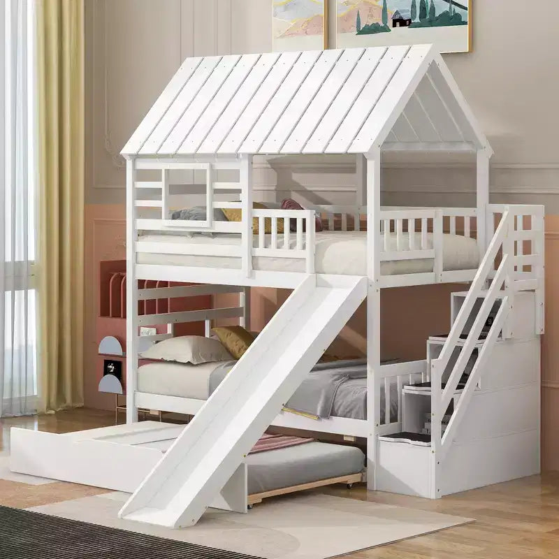 Lit superposé maison jumeau sur jumeau avec lit gigogne, toboggan et escalier de rangement