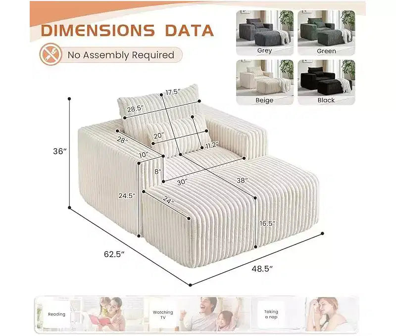 Fauteuil oversize en velours côtelé, canapé simple rembourré avec ottoman