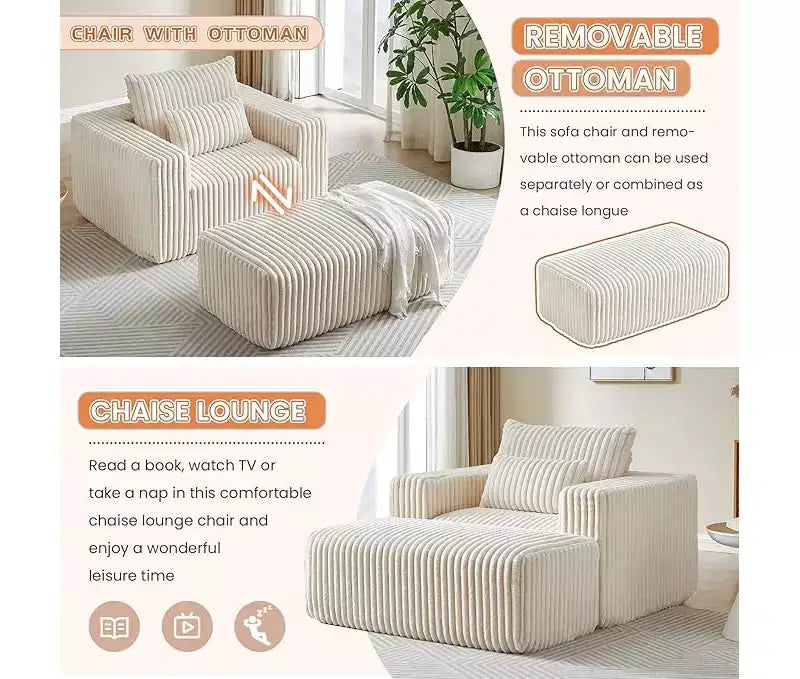 Fauteuil oversize en velours côtelé, canapé simple rembourré avec ottoman