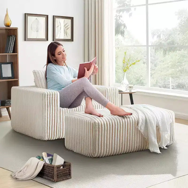 Fauteuil oversize en velours côtelé, canapé simple rembourré avec ottoman