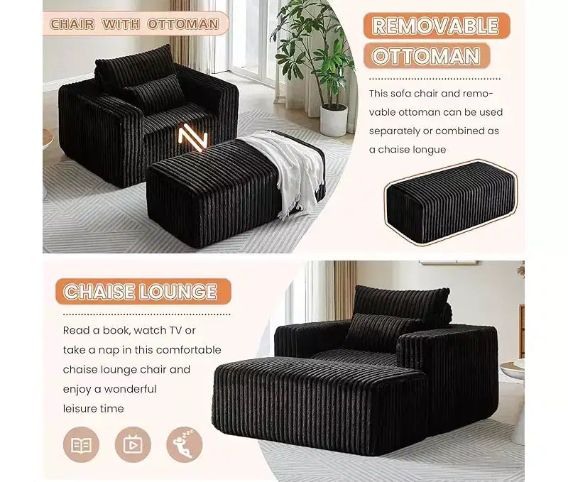 Fauteuil oversize en velours côtelé, canapé simple rembourré avec ottoman