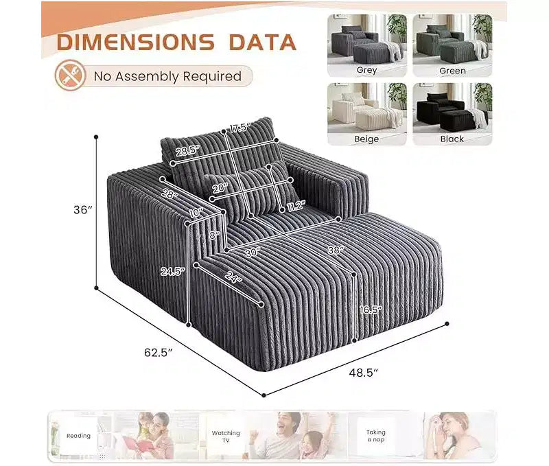 Fauteuil oversize en velours côtelé, canapé simple rembourré avec ottoman