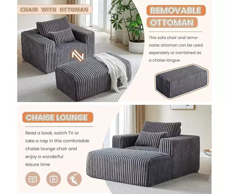 Fauteuil oversize en velours côtelé, canapé simple rembourré avec ottoman