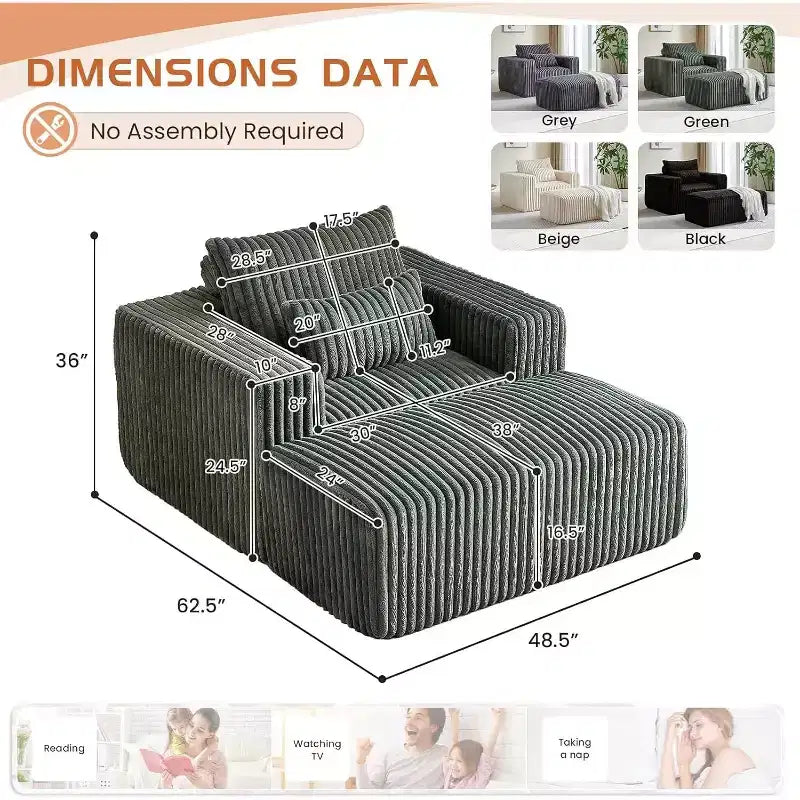 Fauteuil oversize en velours côtelé, canapé simple rembourré avec ottoman