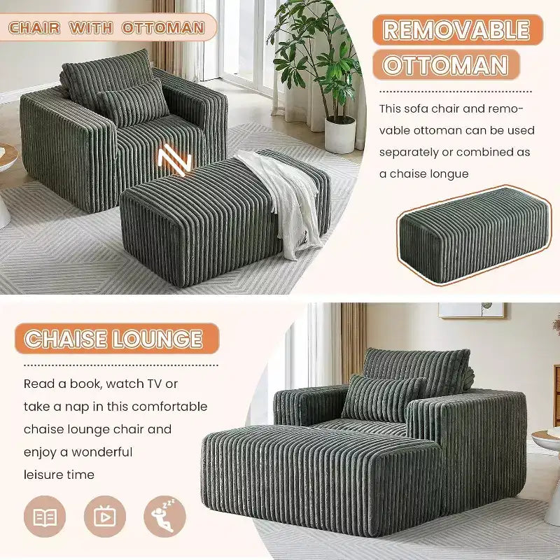 Fauteuil oversize en velours côtelé, canapé simple rembourré avec ottoman