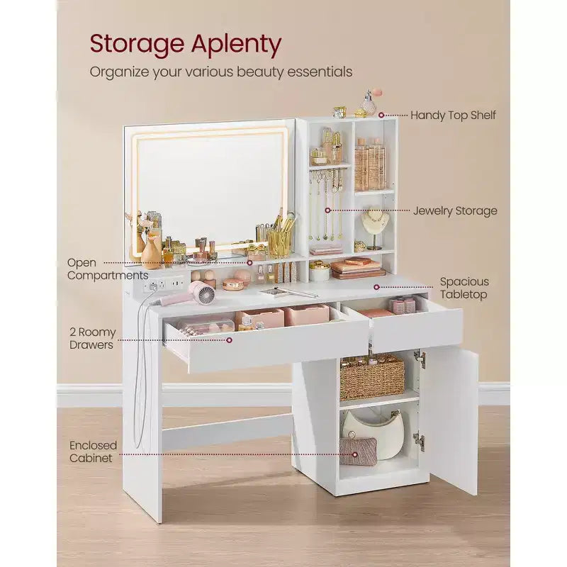 Coiffeuse avec miroir et lumières, Table de maquillage avec tabouret, Tiroirs, Rangement pour bijoux