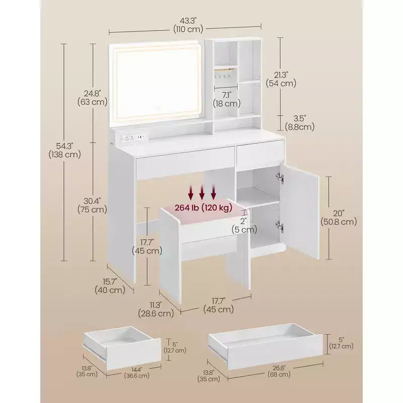 Coiffeuse avec miroir et lumières, Table de maquillage avec tabouret, Tiroirs, Rangement pour bijoux