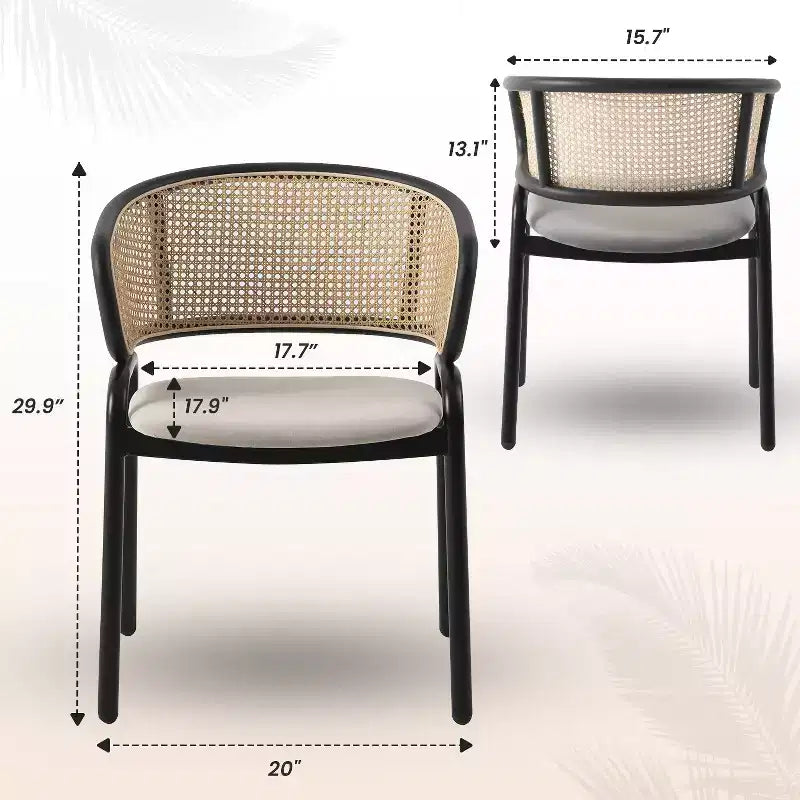 Lot de 2 chaises de salle à manger en rotin tressé avec assise en cuir et structure en acier noir