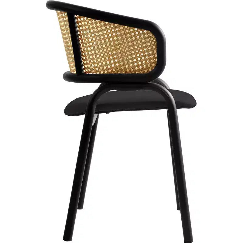 Lot de 2 chaises de salle à manger en rotin tressé avec assise en cuir et structure en acier noir