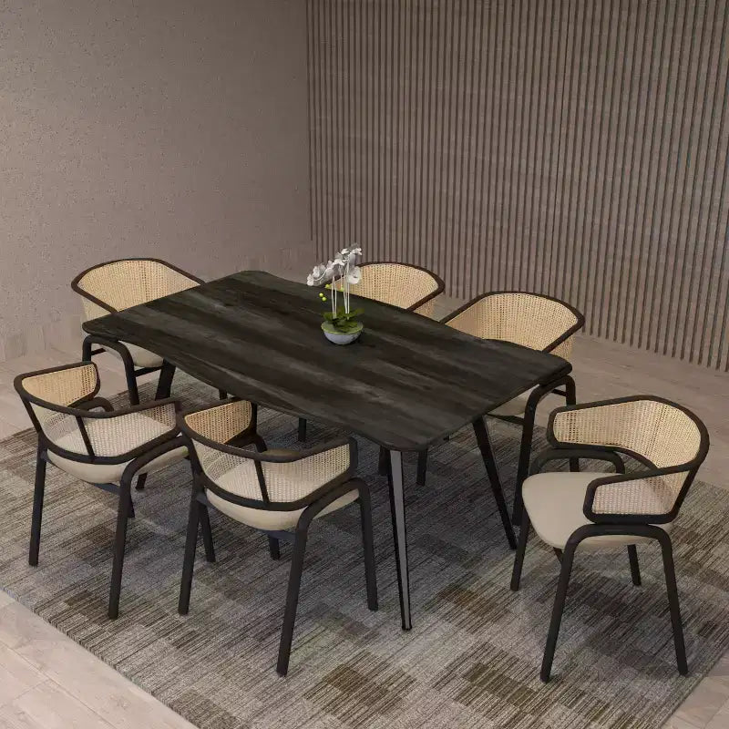Lot de 2 chaises de salle à manger en rotin tressé avec assise en cuir et structure en acier noir