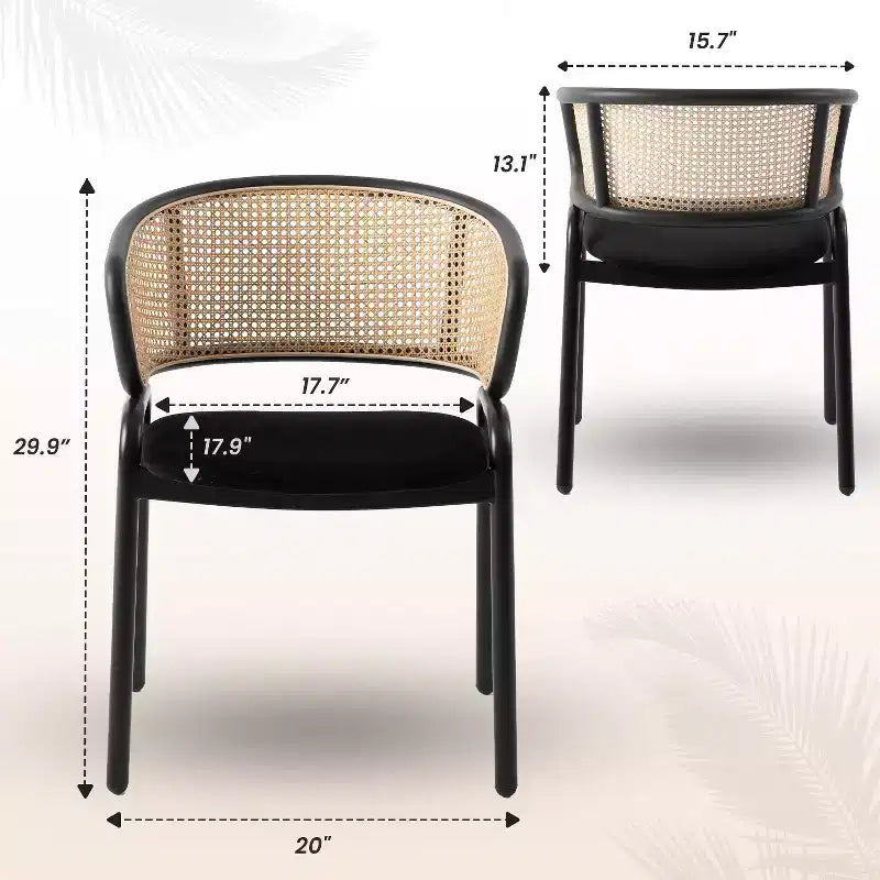 Lot de 2 chaises de salle à manger en rotin tressé avec assise en cuir et structure en acier noir