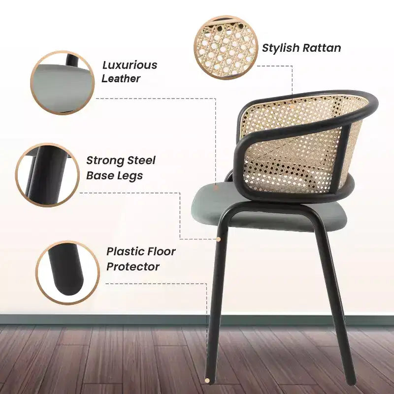 Lot de 2 chaises de salle à manger en rotin tressé avec assise en cuir et structure en acier noir