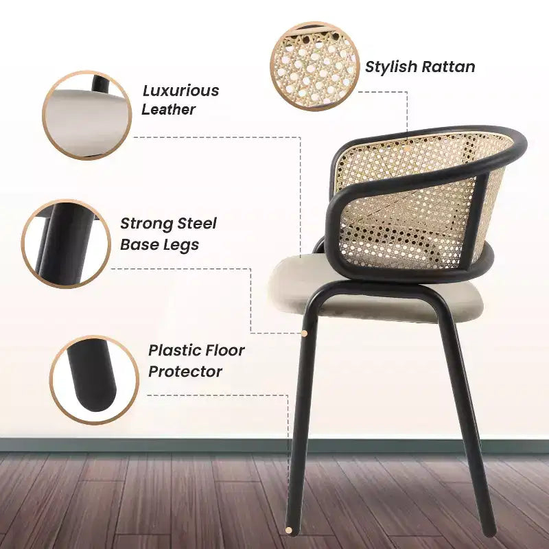 Lot de 2 chaises de salle à manger en rotin tressé avec assise en cuir et structure en acier noir