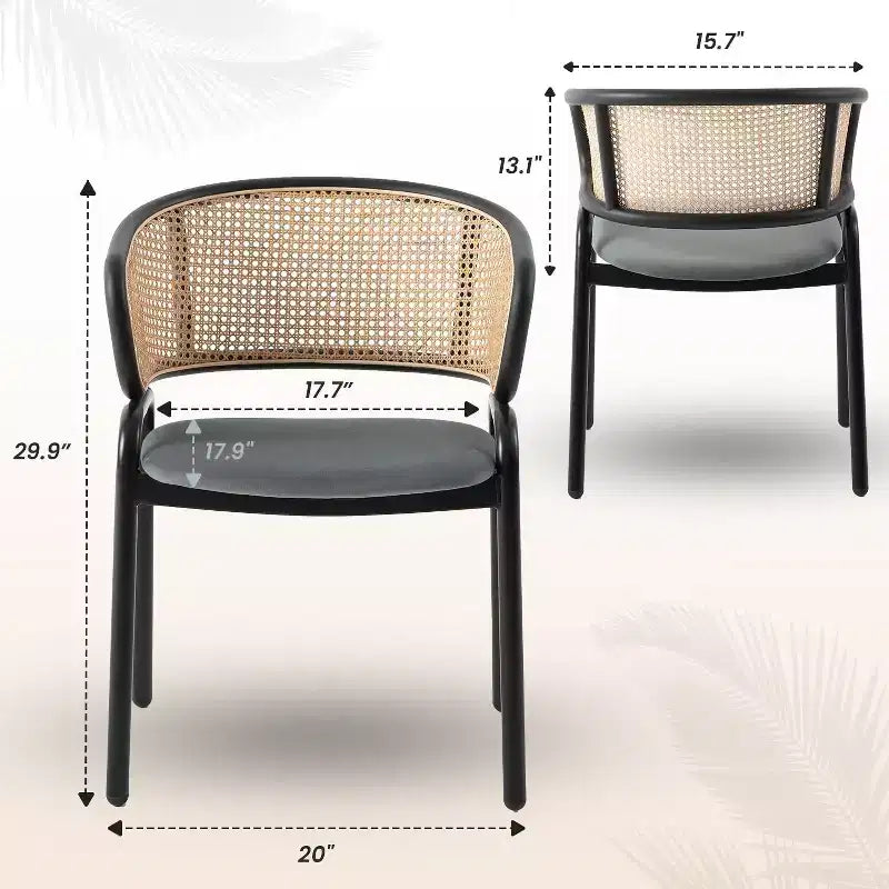 Lot de 2 chaises de salle à manger en rotin tressé avec assise en cuir et structure en acier noir