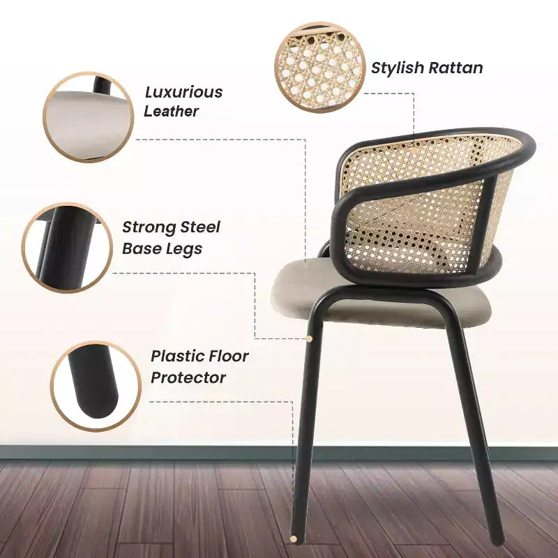 Lot de 2 chaises de salle à manger en rotin tressé avec assise en cuir et structure en acier noir