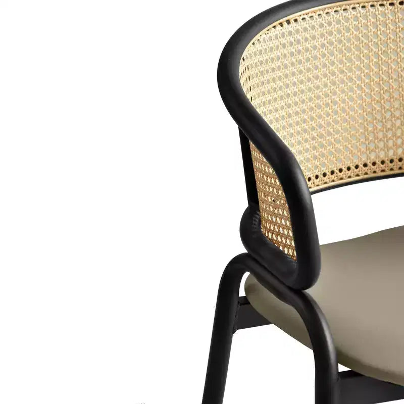 Lot de 2 chaises de salle à manger en rotin tressé avec assise en cuir et structure en acier noir