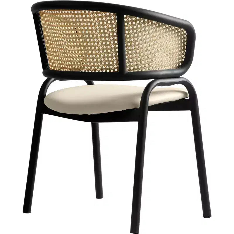Lot de 2 chaises de salle à manger en rotin tressé avec assise en cuir et structure en acier noir
