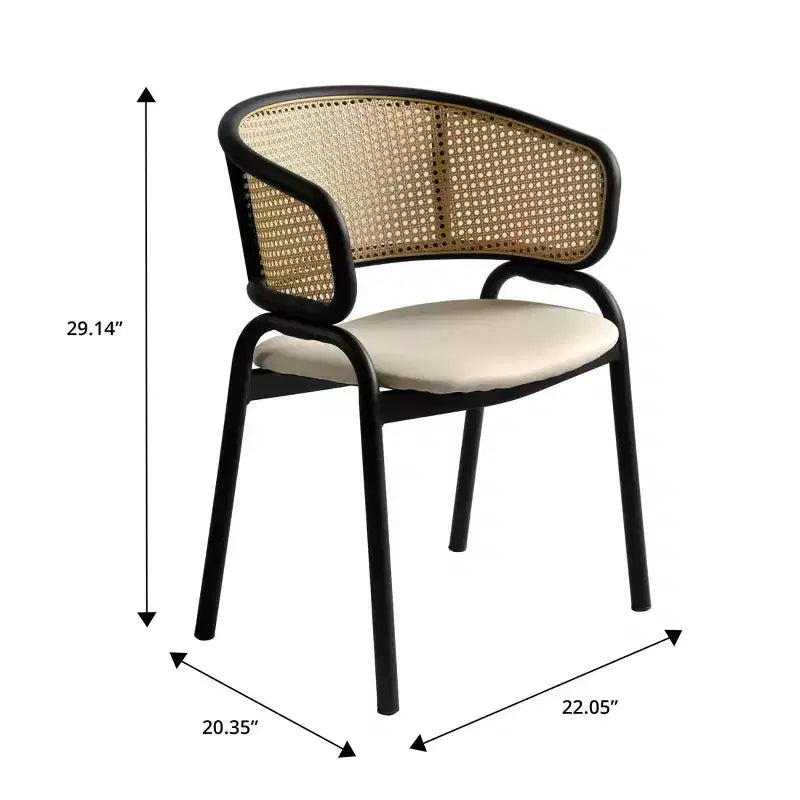 Lot de 2 chaises de salle à manger en rotin tressé avec assise en cuir et structure en acier noir