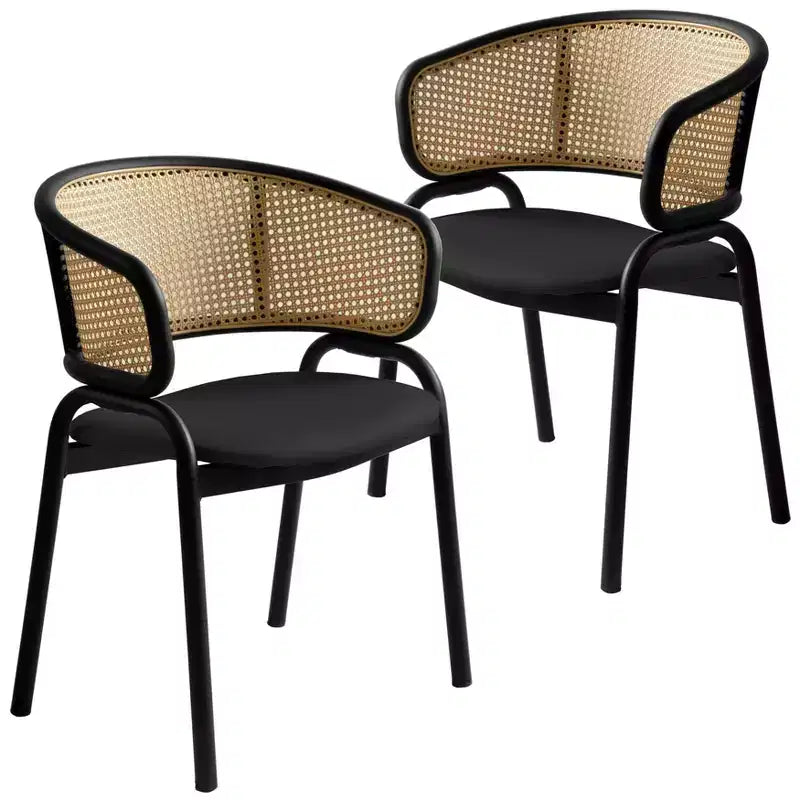 Lot de 2 chaises de salle à manger en rotin tressé avec assise en cuir et structure en acier noir