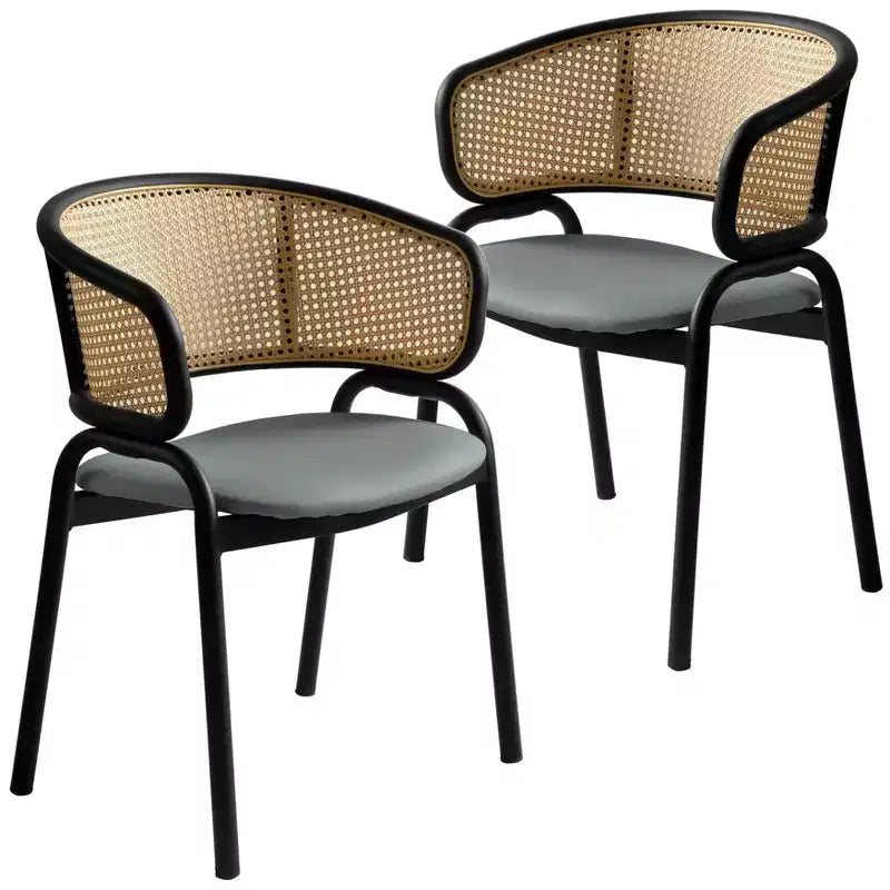 Lot de 2 chaises de salle à manger en rotin tressé avec assise en cuir et structure en acier noir