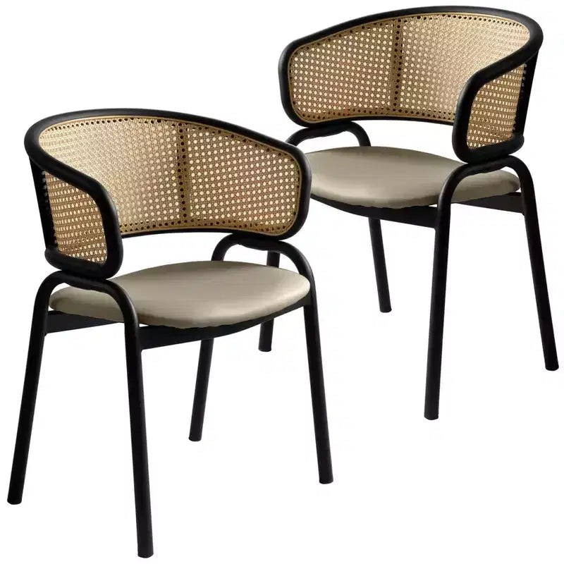 Lot de 2 chaises de salle à manger en rotin tressé avec assise en cuir et structure en acier noir
